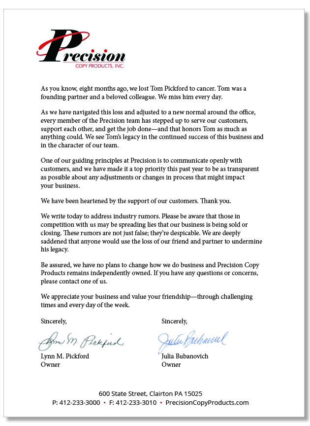 A letter from the owners of Precision Copy Products